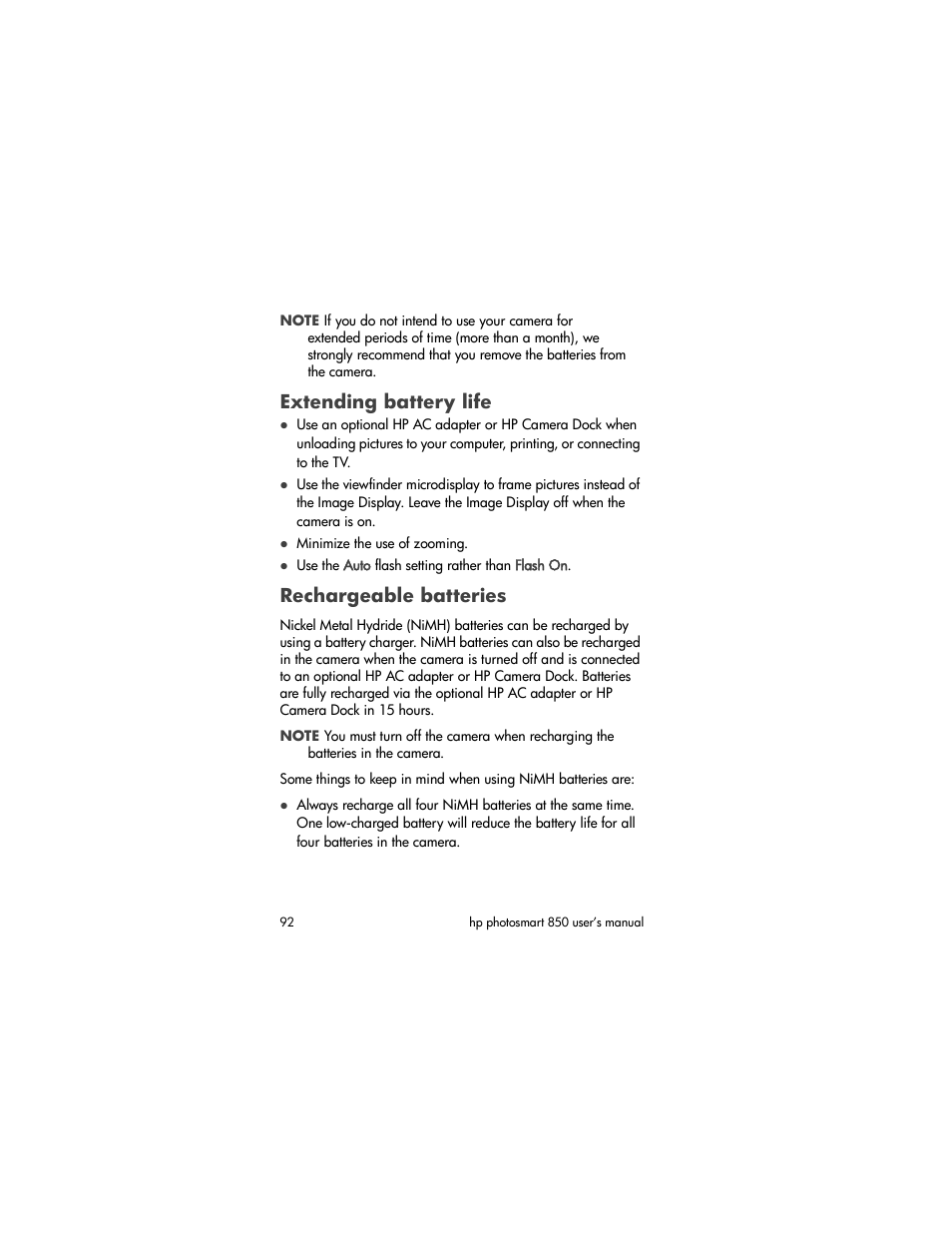 Extending battery life, Rechargeable batteries | HP 850 User Manual | Page 92 / 112