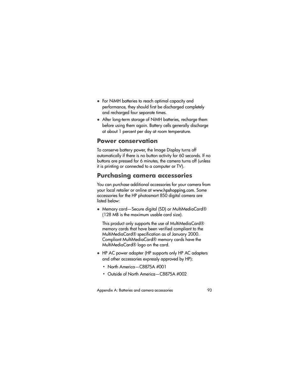 Power conservation, Purchasing camera accessories | HP 850 User Manual | Page 93 / 112