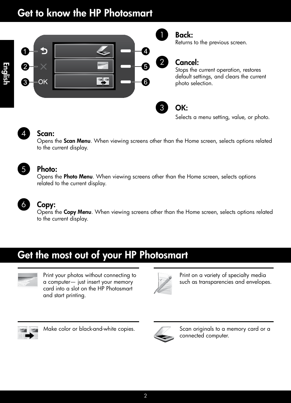 Get to know the hp photosmart, Get the most out of your hp photosmart | HP PHOTOSMART B109 User Manual | Page 2 / 5