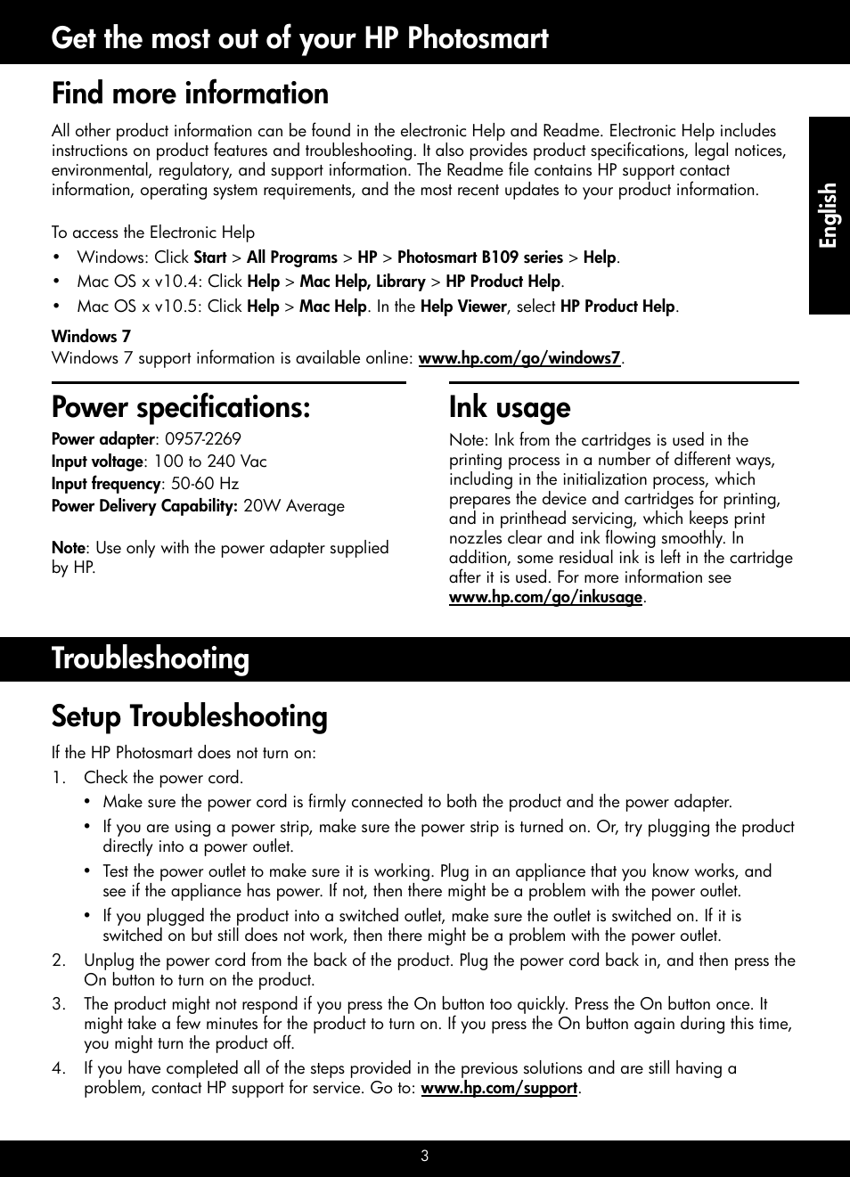 Ink usage, Setup troubleshooting power specifications, Find more information | English | HP PHOTOSMART B109 User Manual | Page 3 / 5