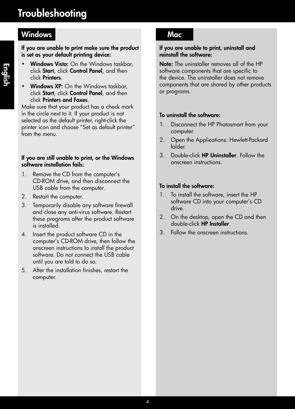 Troubleshooting, Windows mac, English | HP PHOTOSMART B109 User Manual | Page 4 / 5