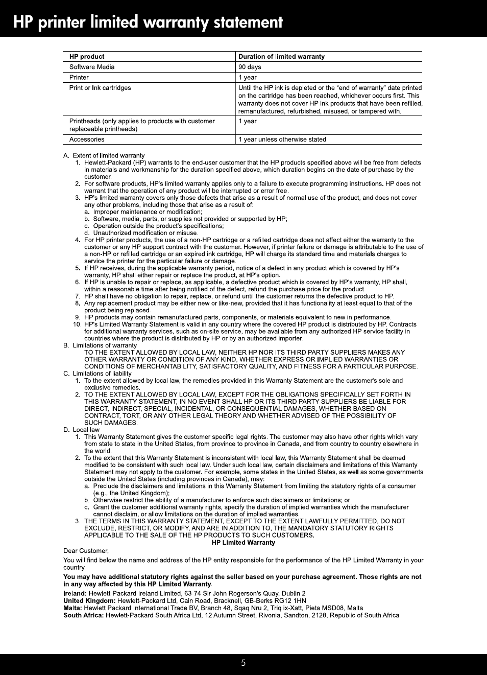 Hp printer limited warranty statement | HP PHOTOSMART B109 User Manual | Page 5 / 5