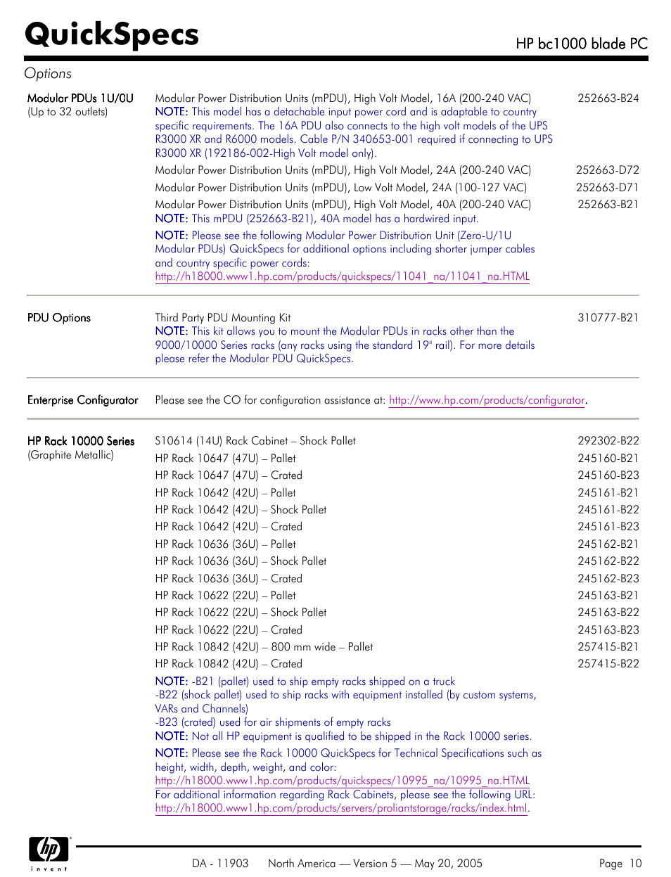 Quickspecs, Hp bc1000 blade pc, Hp bc1000 blade pc options | HP blade PC bc1000 User Manual | Page 10 / 18