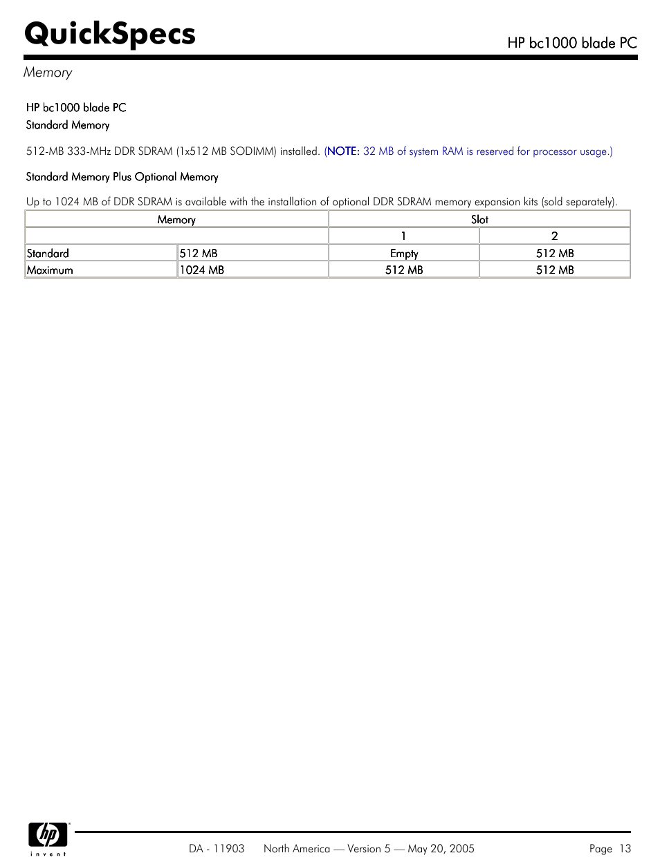 Memory, Quickspecs, Hp bc1000 blade pc | HP blade PC bc1000 User Manual | Page 13 / 18