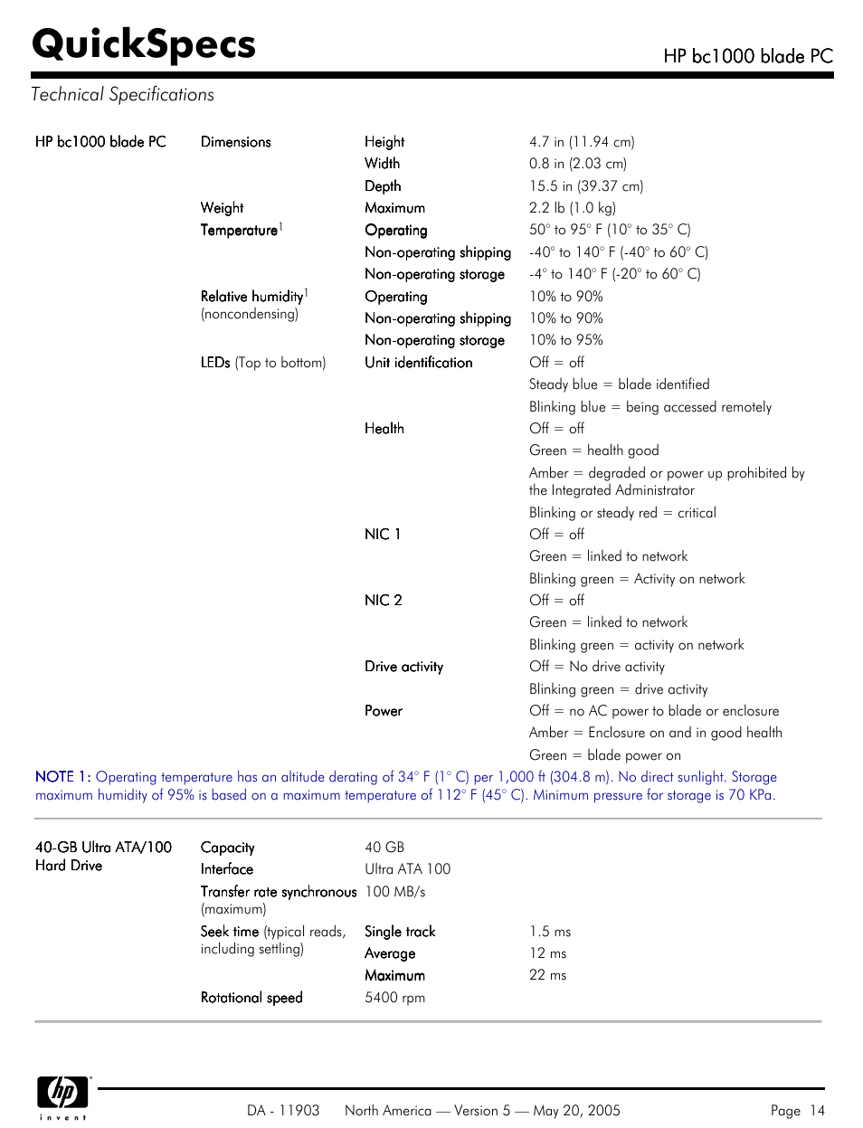 Technical specifications, Quickspecs, Hp bc1000 blade pc | Hp bc1000 blade pc technical specifications | HP blade PC bc1000 User Manual | Page 14 / 18