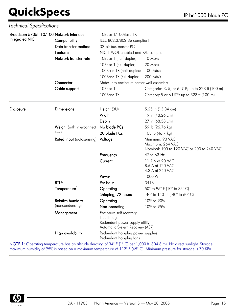 Quickspecs, Hp bc1000 blade pc, Hp bc1000 blade pc technical specifications | HP blade PC bc1000 User Manual | Page 15 / 18