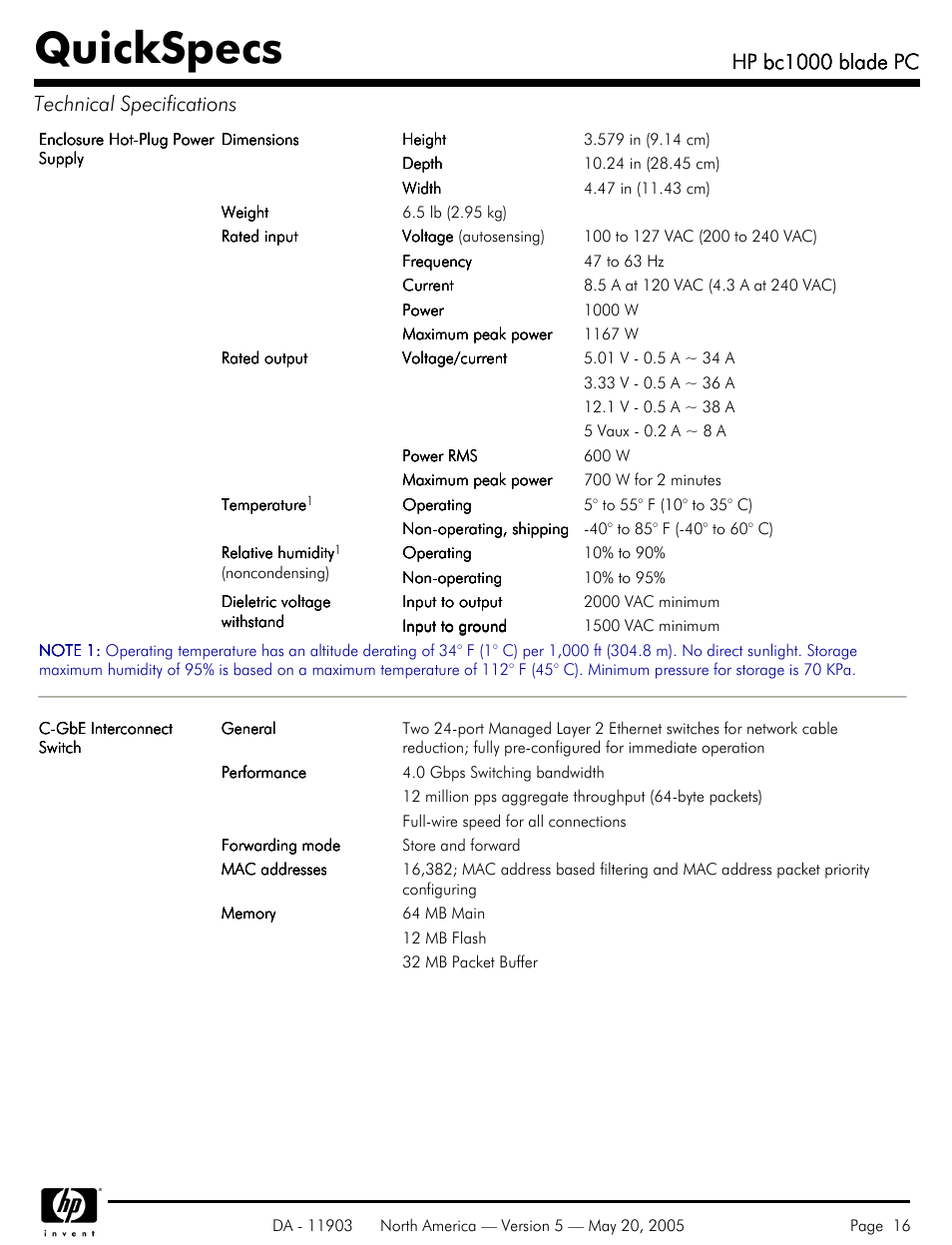 Quickspecs, Hp bc1000 blade pc, Hp bc1000 blade pc technical specifications | HP blade PC bc1000 User Manual | Page 16 / 18