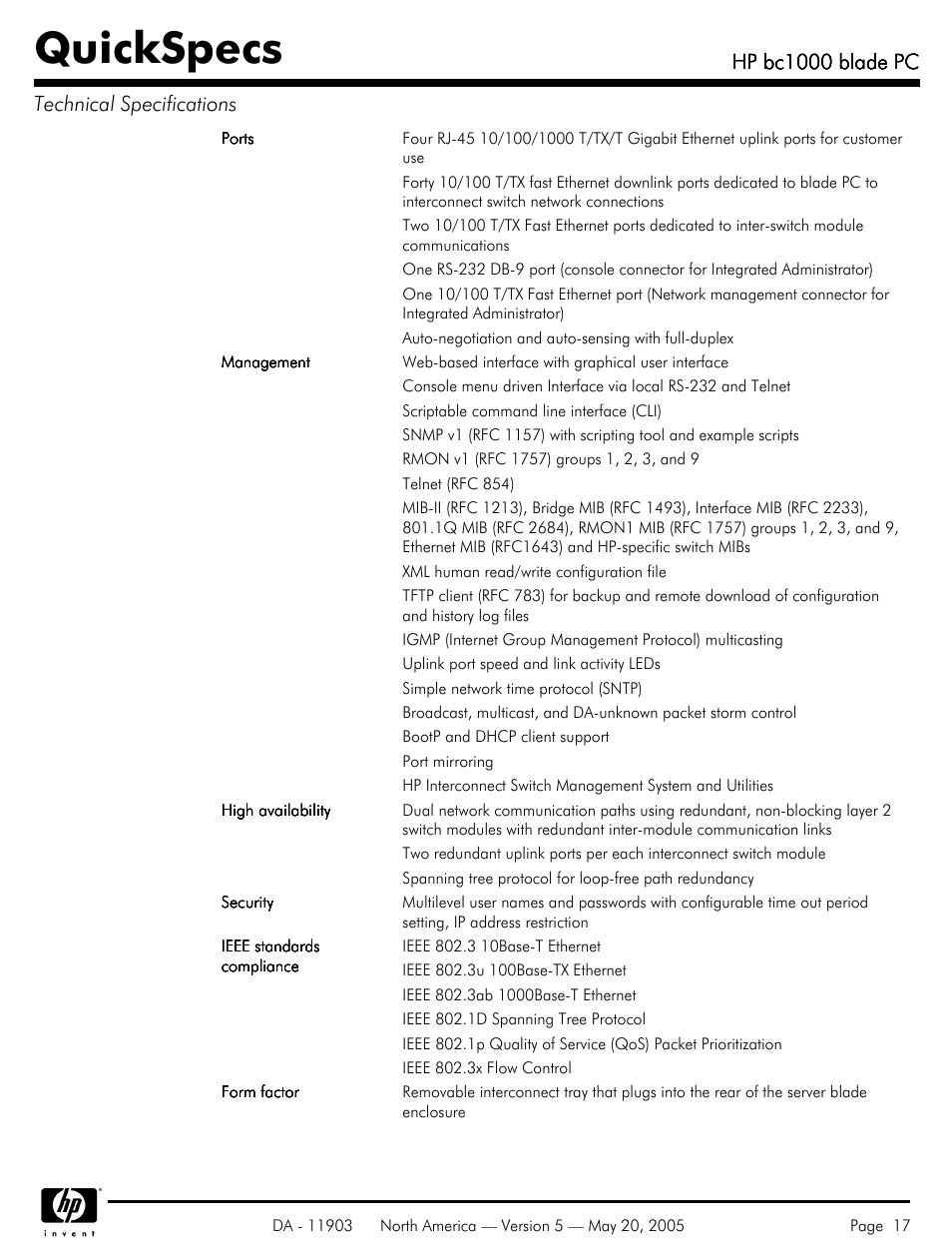 Quickspecs, Hp bc1000 blade pc, Hp bc1000 blade pc technical specifications | HP blade PC bc1000 User Manual | Page 17 / 18