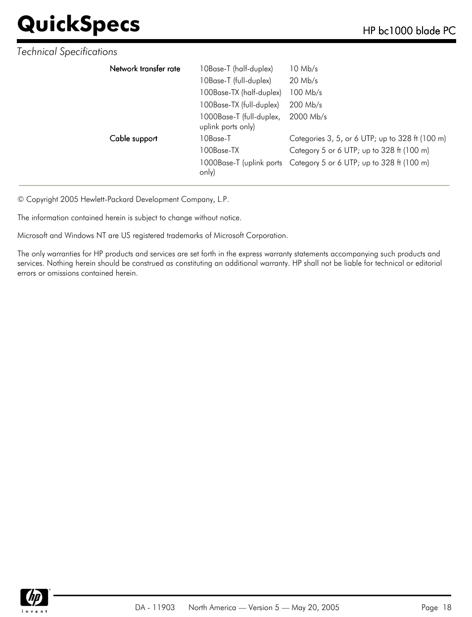 Quickspecs, Hp bc1000 blade pc, Hp bc1000 blade pc technical specifications | HP blade PC bc1000 User Manual | Page 18 / 18