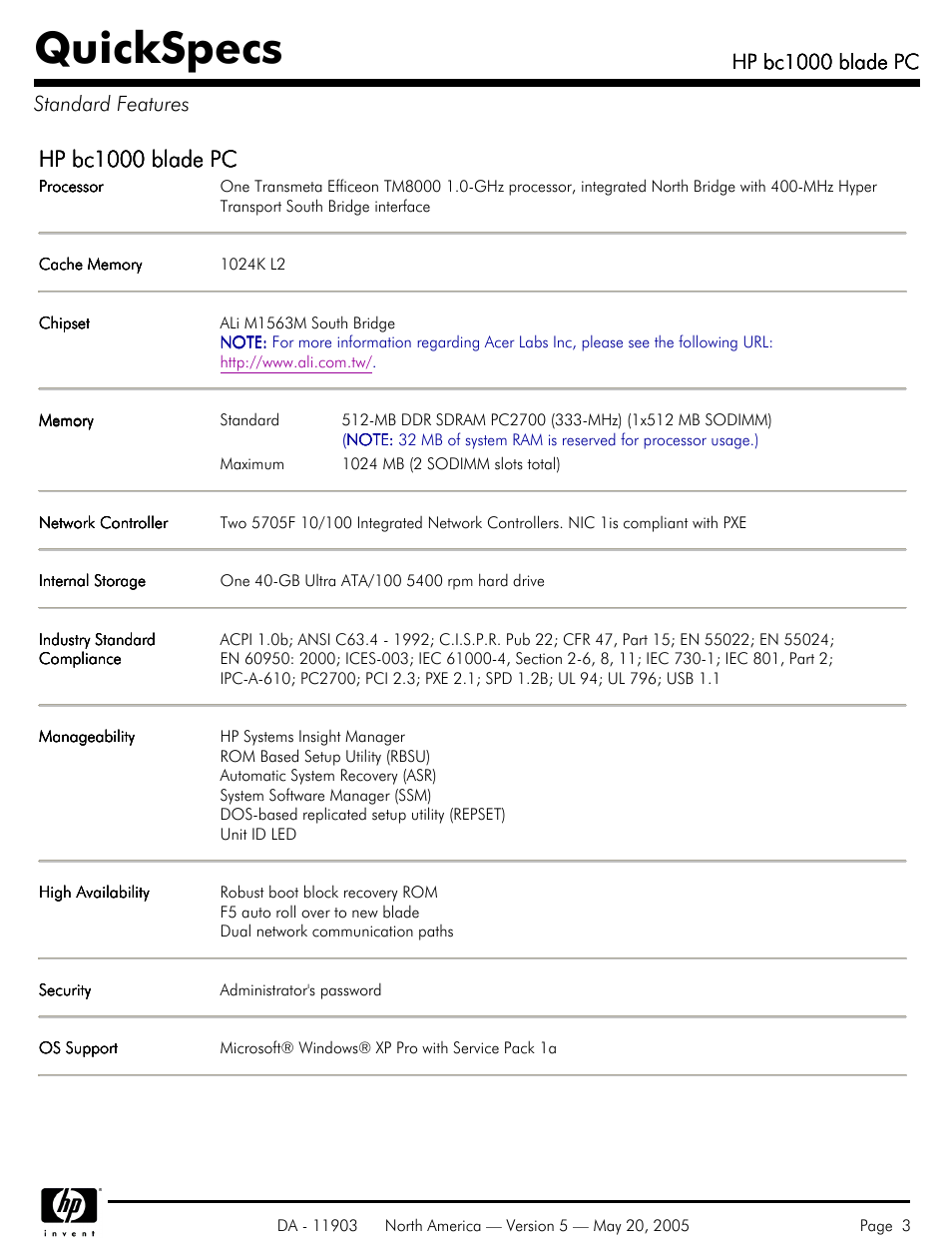 Standard features, Quickspecs, Hp bc1000 blade pc | Hp bc1000 blade pc standard features | HP blade PC bc1000 User Manual | Page 3 / 18