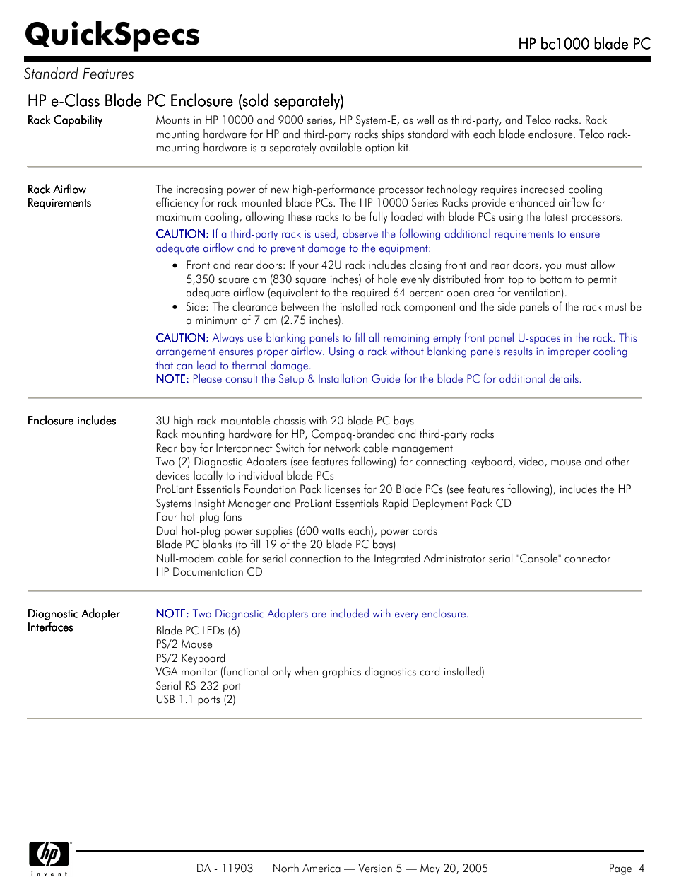 Quickspecs, Hp e-class blade pc enclosure (sold separately), Hp bc1000 blade pc | Hp bc1000 blade pc standard features | HP blade PC bc1000 User Manual | Page 4 / 18