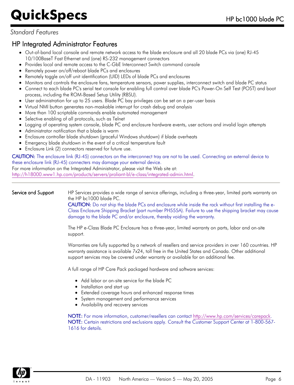 Quickspecs, Hp integrated administrator features | HP blade PC bc1000 User Manual | Page 6 / 18