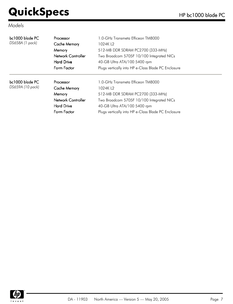 Models, Quickspecs, Hp bc1000 blade pc | Hp bc1000 blade pc models | HP blade PC bc1000 User Manual | Page 7 / 18