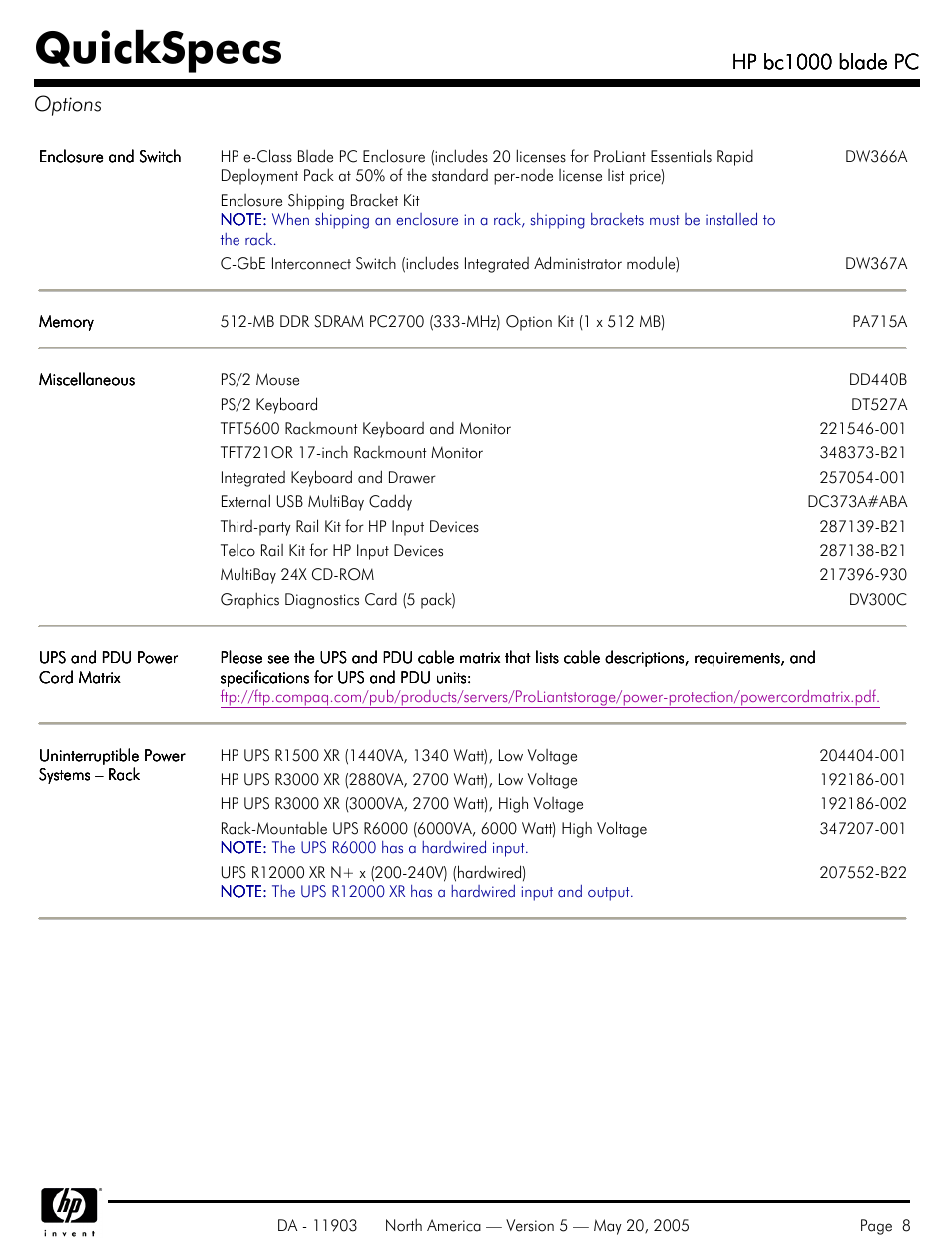 Options, Quickspecs, Hp bc1000 blade pc | Hp bc1000 blade pc options | HP blade PC bc1000 User Manual | Page 8 / 18