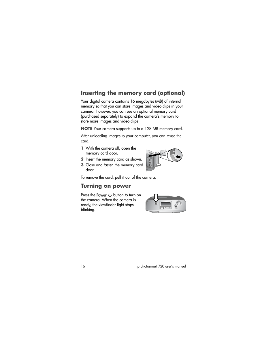 Inserting the memory card (optional), Turning on power | HP photosmart 720 User Manual | Page 16 / 88