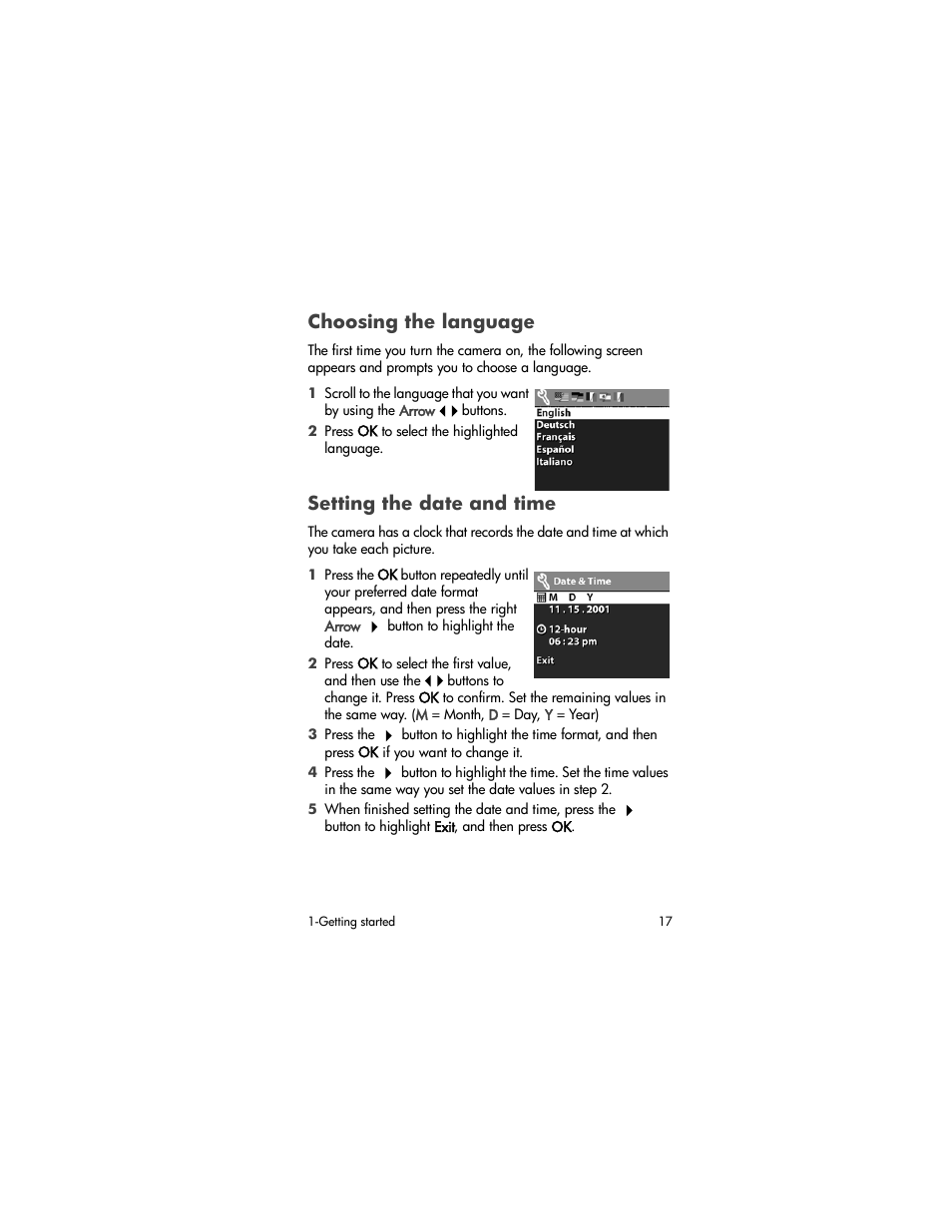 Choosing the language, Setting the date and time | HP photosmart 720 User Manual | Page 17 / 88