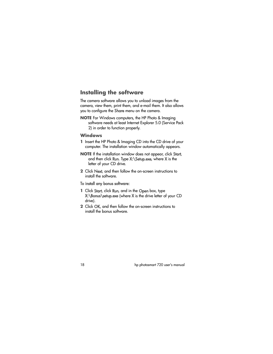 Installing the software, Windows | HP photosmart 720 User Manual | Page 18 / 88