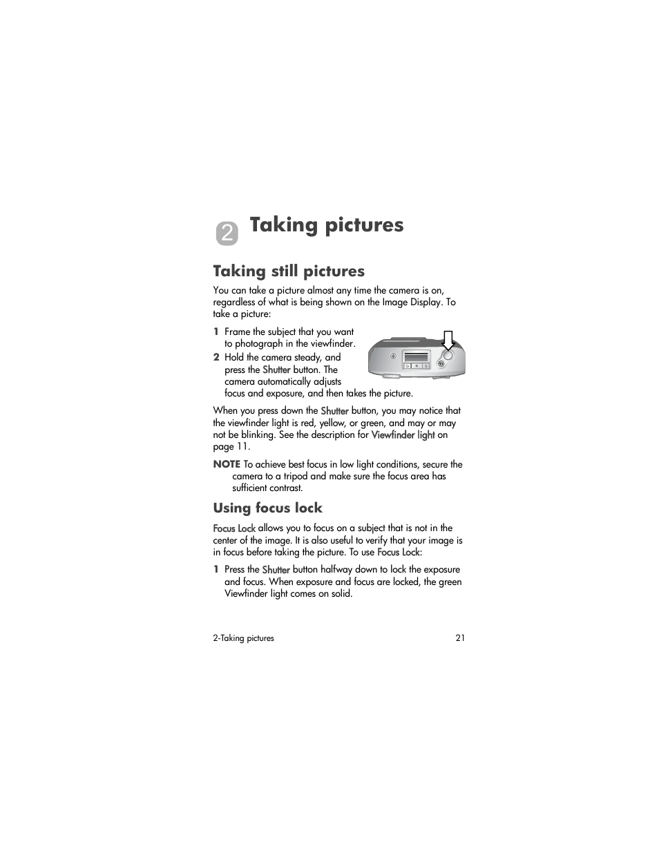 Taking pictures, Taking still pictures, Using focus lock | HP photosmart 720 User Manual | Page 21 / 88