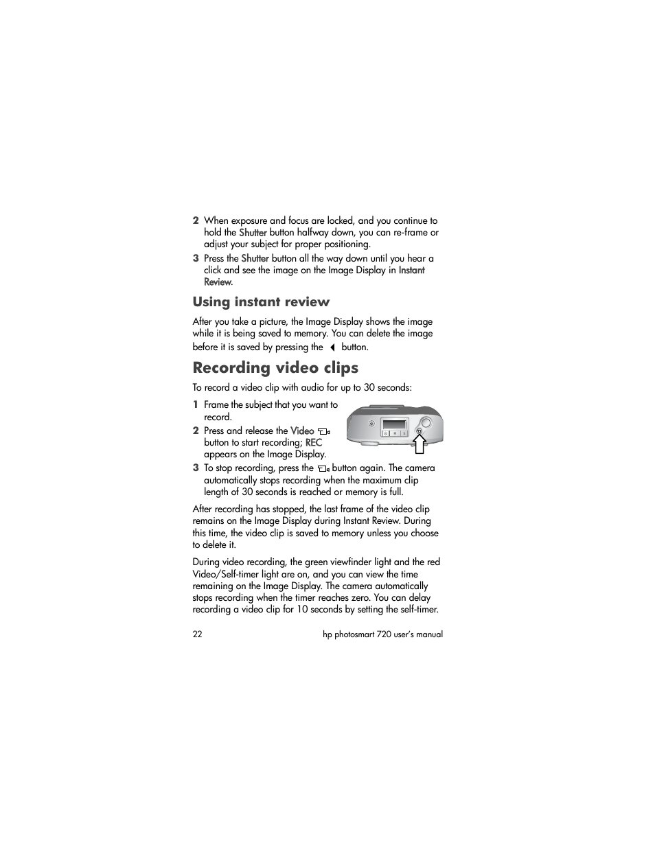 Using instant review, Recording video clips | HP photosmart 720 User Manual | Page 22 / 88