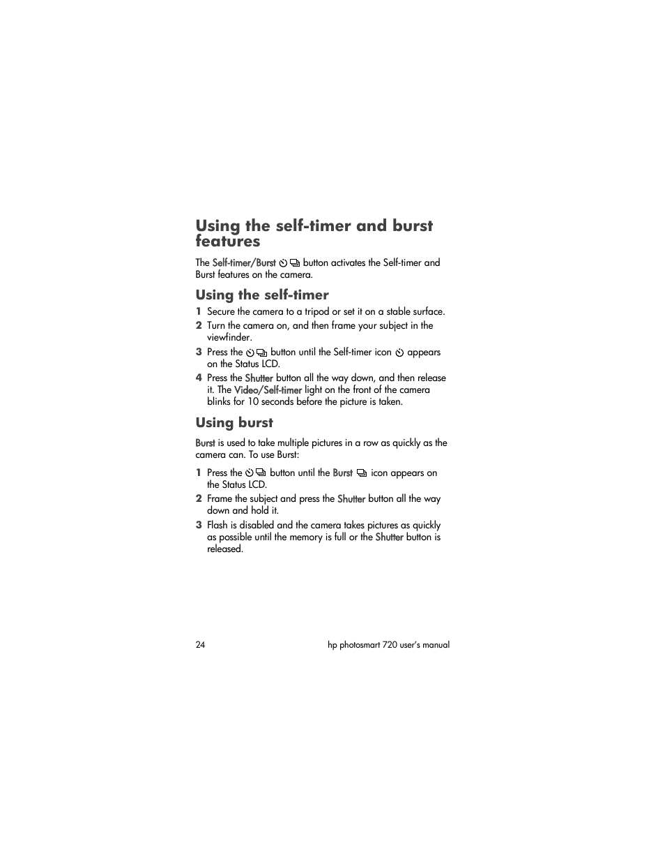 Using the self-timer and burst features, Using the self-timer, Using burst | HP photosmart 720 User Manual | Page 24 / 88