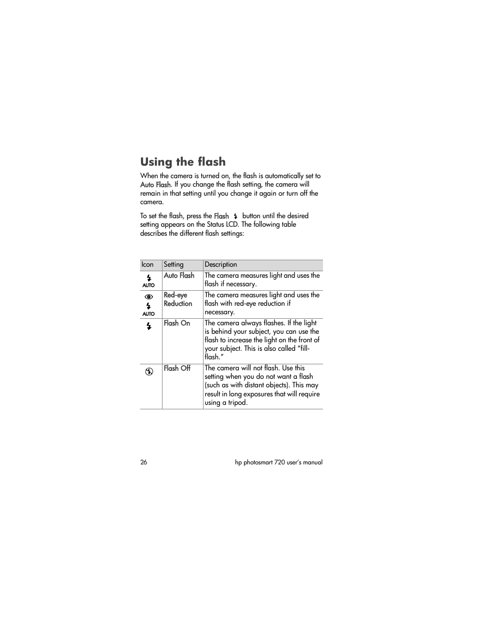 Using the flash | HP photosmart 720 User Manual | Page 26 / 88