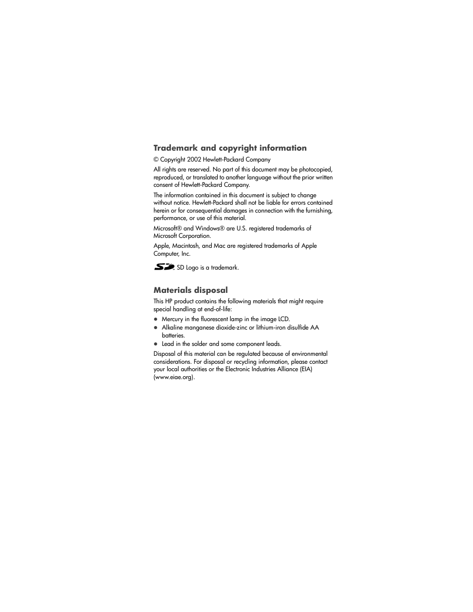 Trademark and copyright information, Materials disposal | HP photosmart 720 User Manual | Page 3 / 88