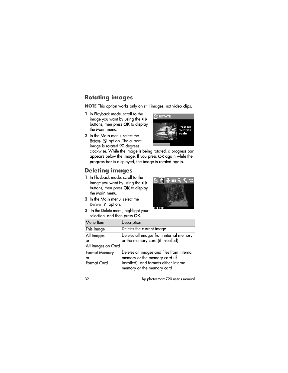 Rotating images, Deleting images | HP photosmart 720 User Manual | Page 32 / 88