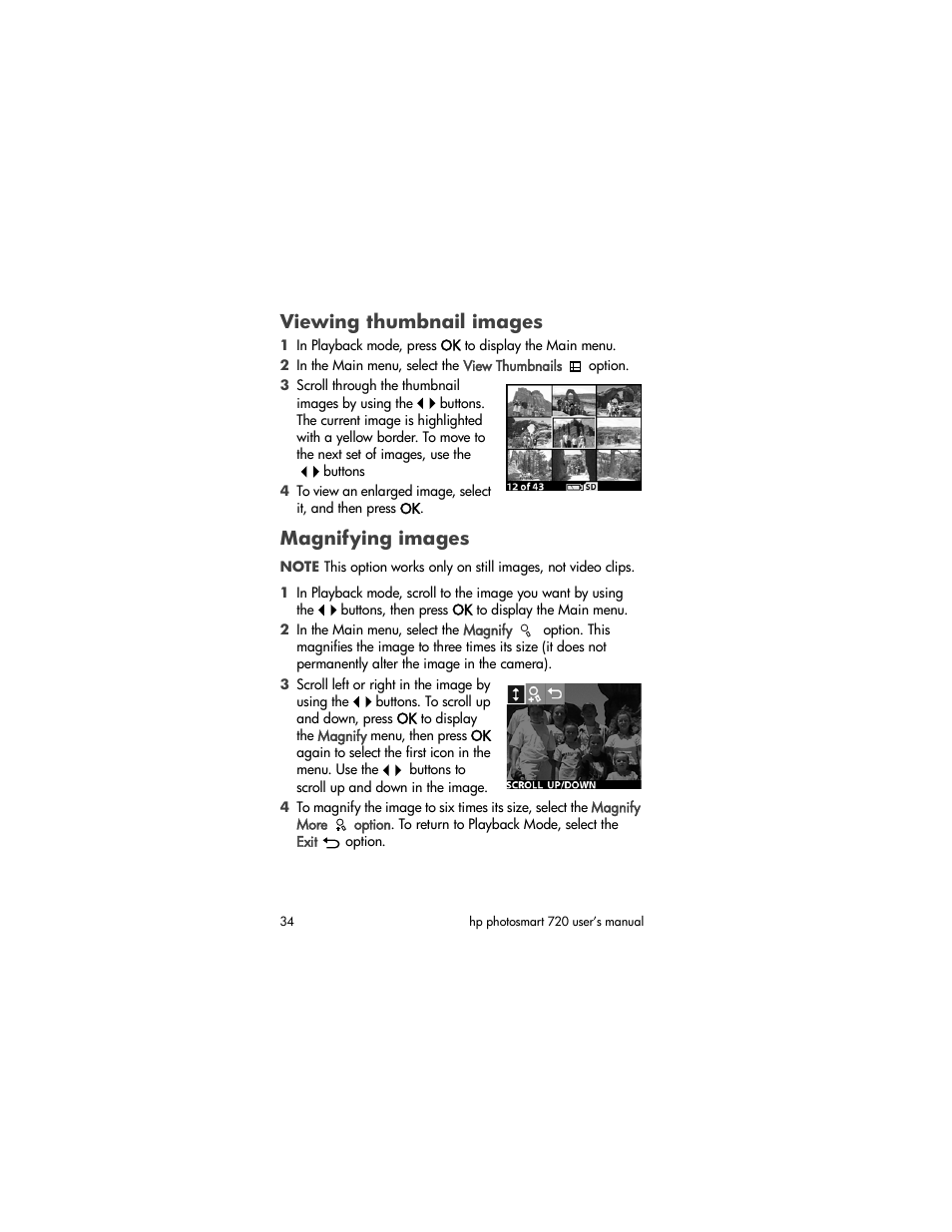 Viewing thumbnail images, Magnifying images | HP photosmart 720 User Manual | Page 34 / 88
