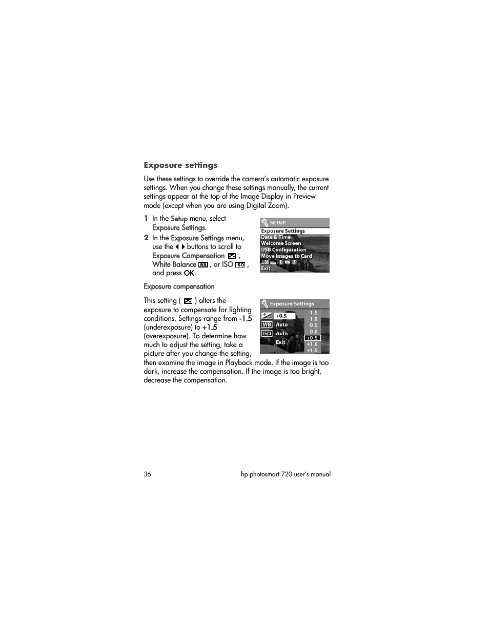 Exposure settings | HP photosmart 720 User Manual | Page 36 / 88