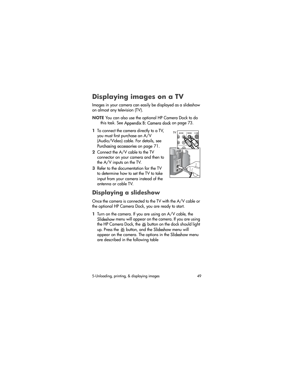 Displaying images on a tv, Displaying a slideshow | HP photosmart 720 User Manual | Page 49 / 88