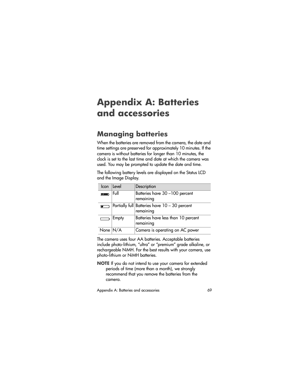Appendix a: batteries and accessories, Managing batteries | HP photosmart 720 User Manual | Page 69 / 88