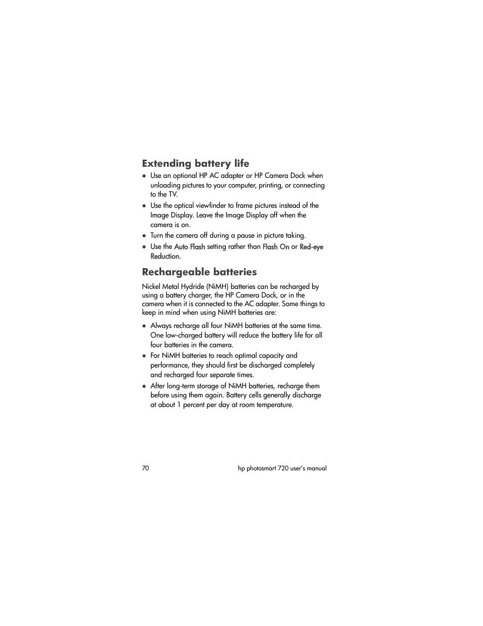 Extending battery life, Rechargeable batteries | HP photosmart 720 User Manual | Page 70 / 88