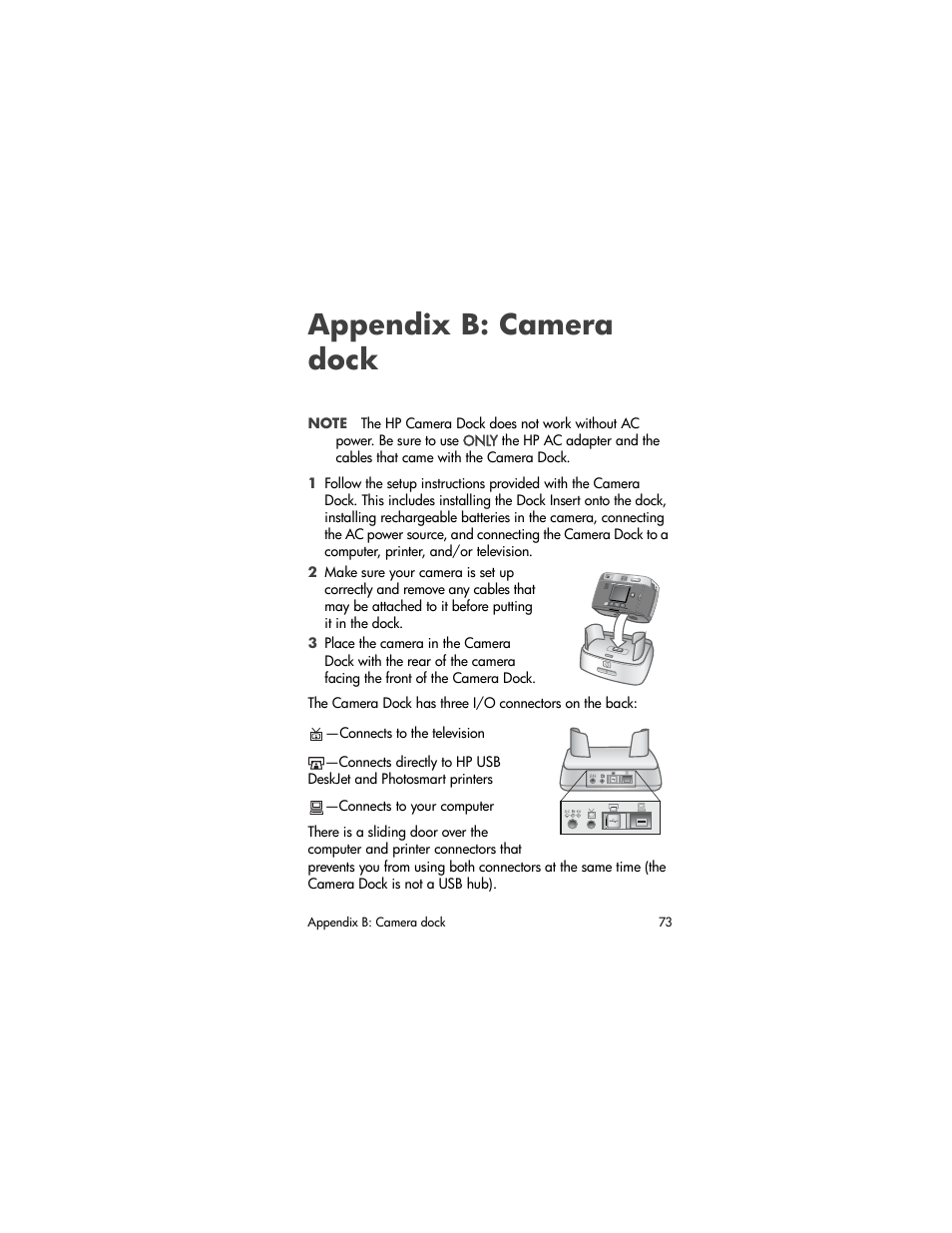 Appendix b: camera dock | HP photosmart 720 User Manual | Page 73 / 88