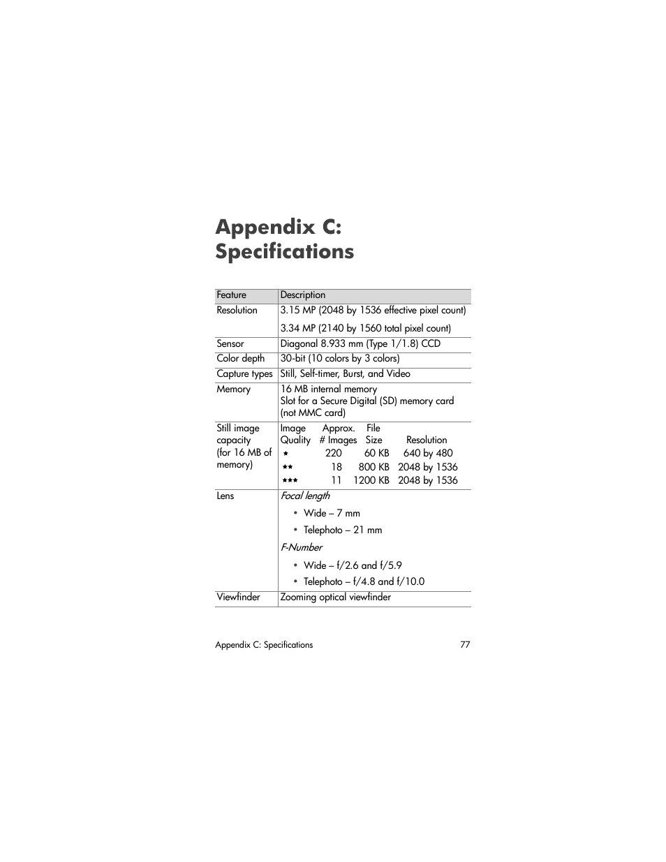 Appendix c: specifications, Appendix c, Specifications | HP photosmart 720 User Manual | Page 77 / 88