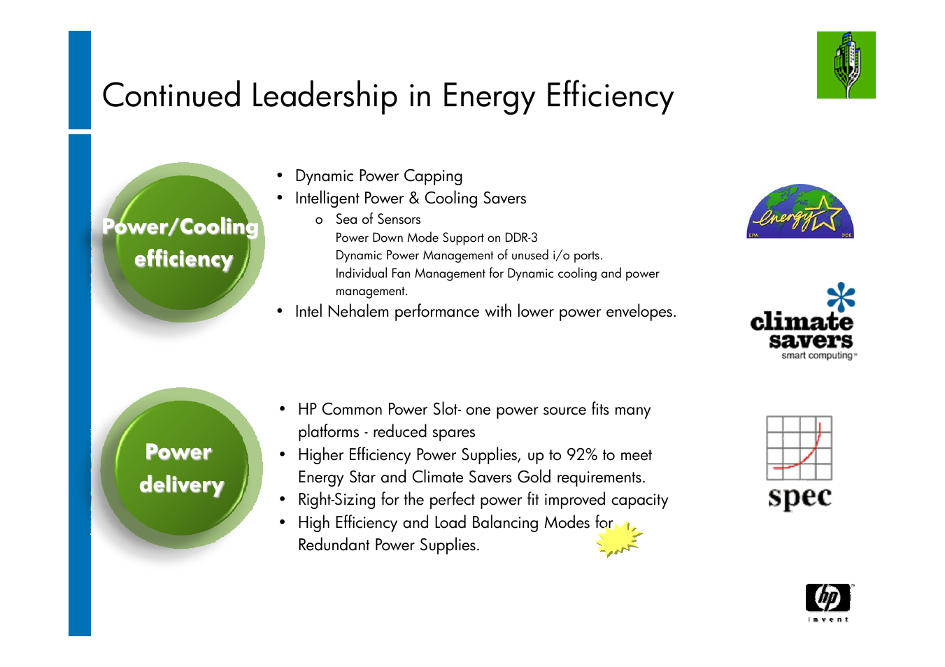 Continued leadership in energy efficiency, Power/cooling efficiency, Power delivery | HP ProLiant G6 User Manual | Page 17 / 58