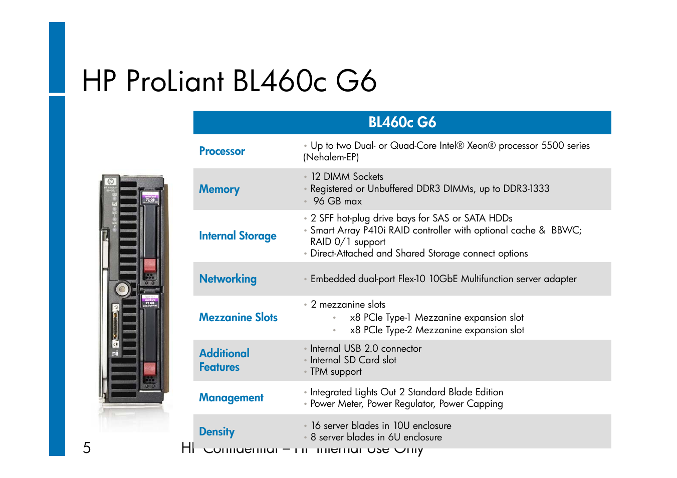 Hp proliant bl460c g6, 5hp confidential – hp internal use only, Bl460c g6 | HP ProLiant G6 User Manual | Page 52 / 58