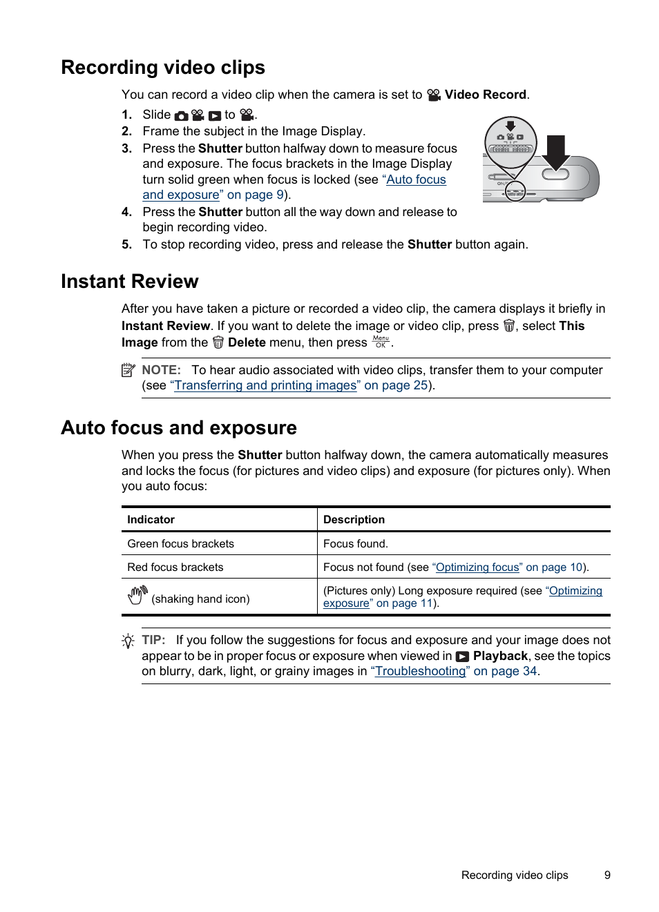 Recording video clips, Instant review, Auto focus and exposure | Instant | HP Photosmart M730 Series User Manual | Page 11 / 50