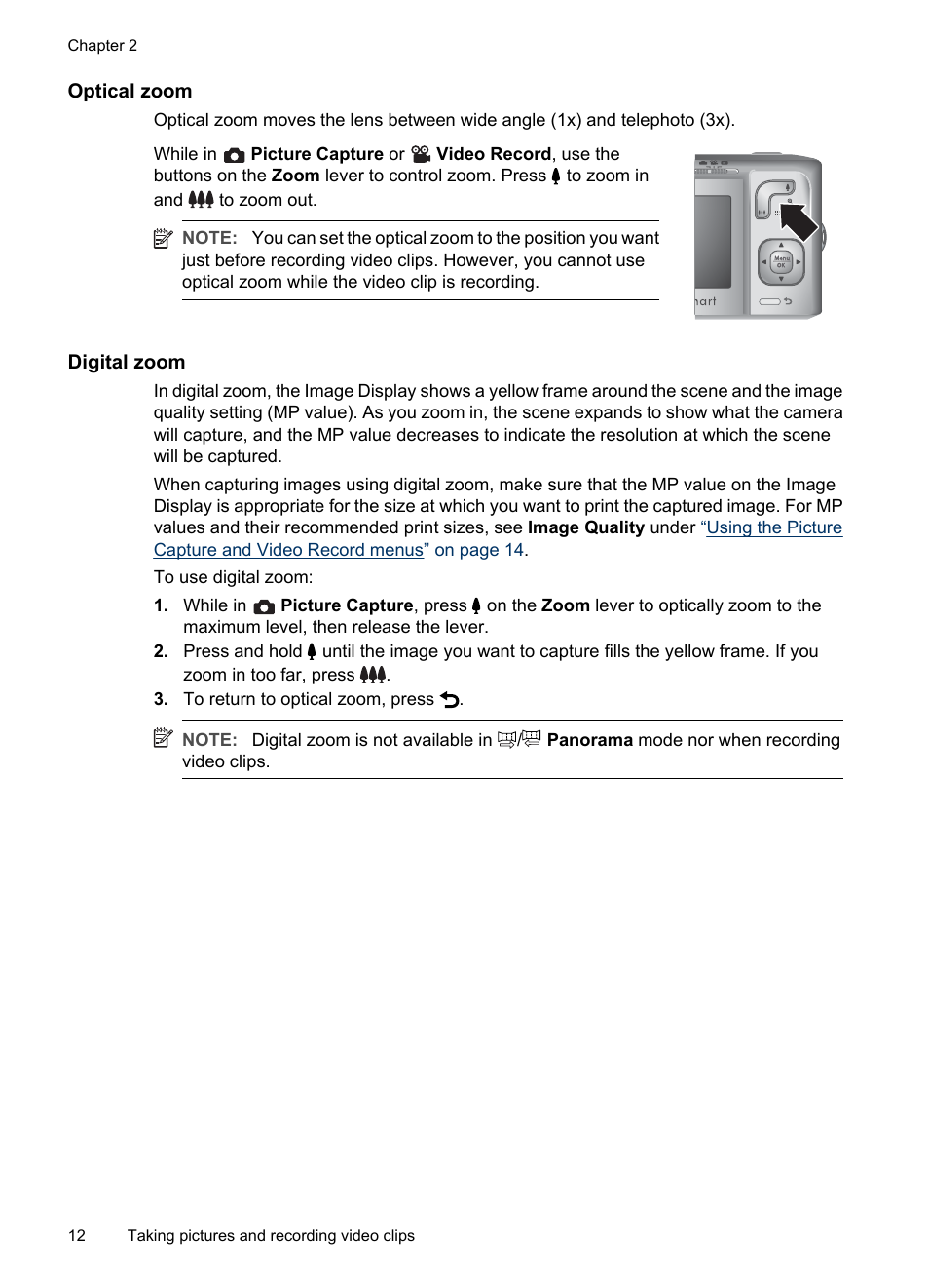 Optical zoom, Digital zoom | HP Photosmart M730 Series User Manual | Page 14 / 50