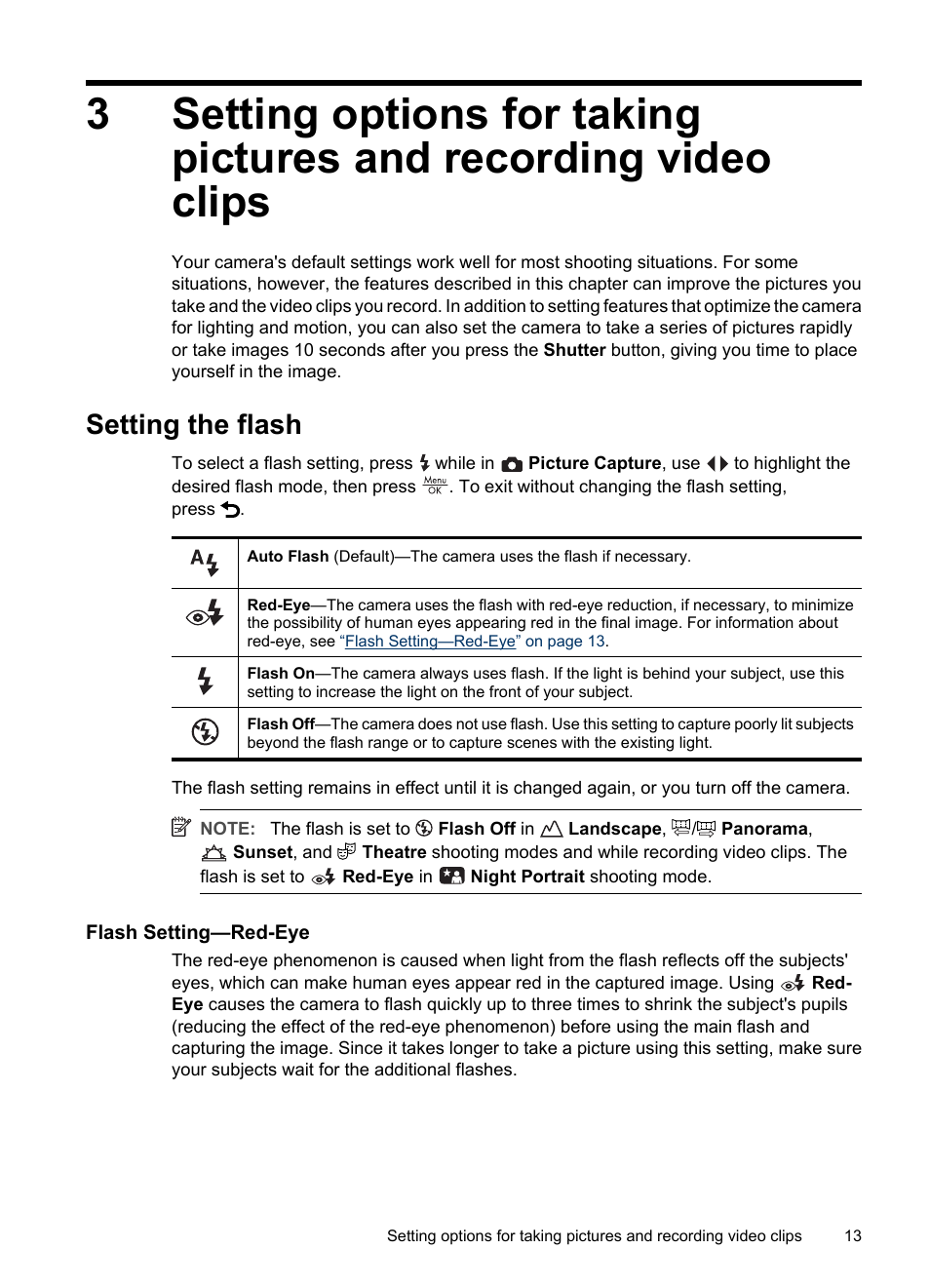 Setting the flash, Flash setting—red-eye, Setting | Setting options for taking pictures and | HP Photosmart M730 Series User Manual | Page 15 / 50