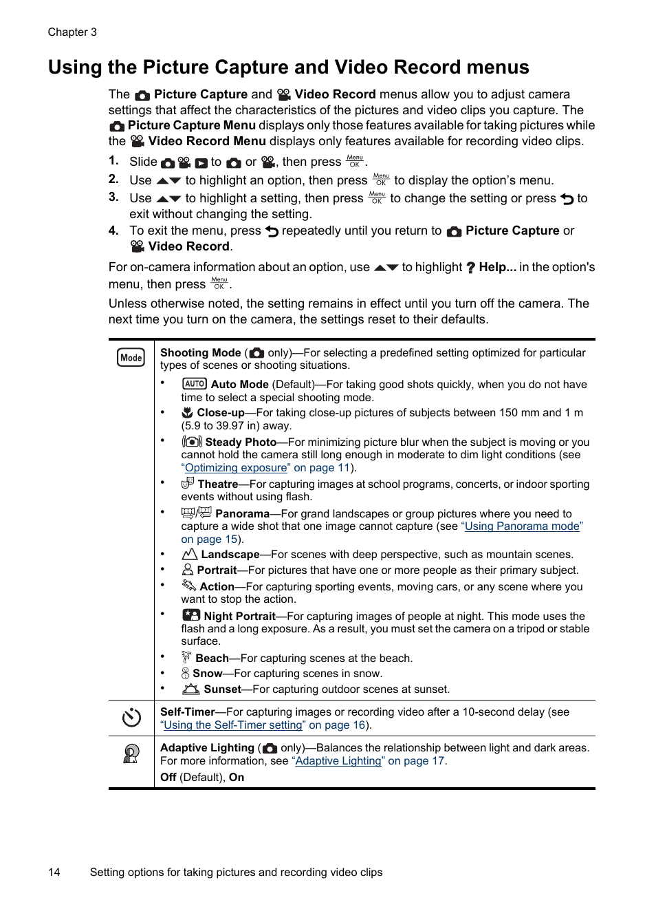 Using the picture capture and video record menus, Using the picture capture, Using the | Other than, Using the picture capture and, Using the picture capture and video | HP Photosmart M730 Series User Manual | Page 16 / 50