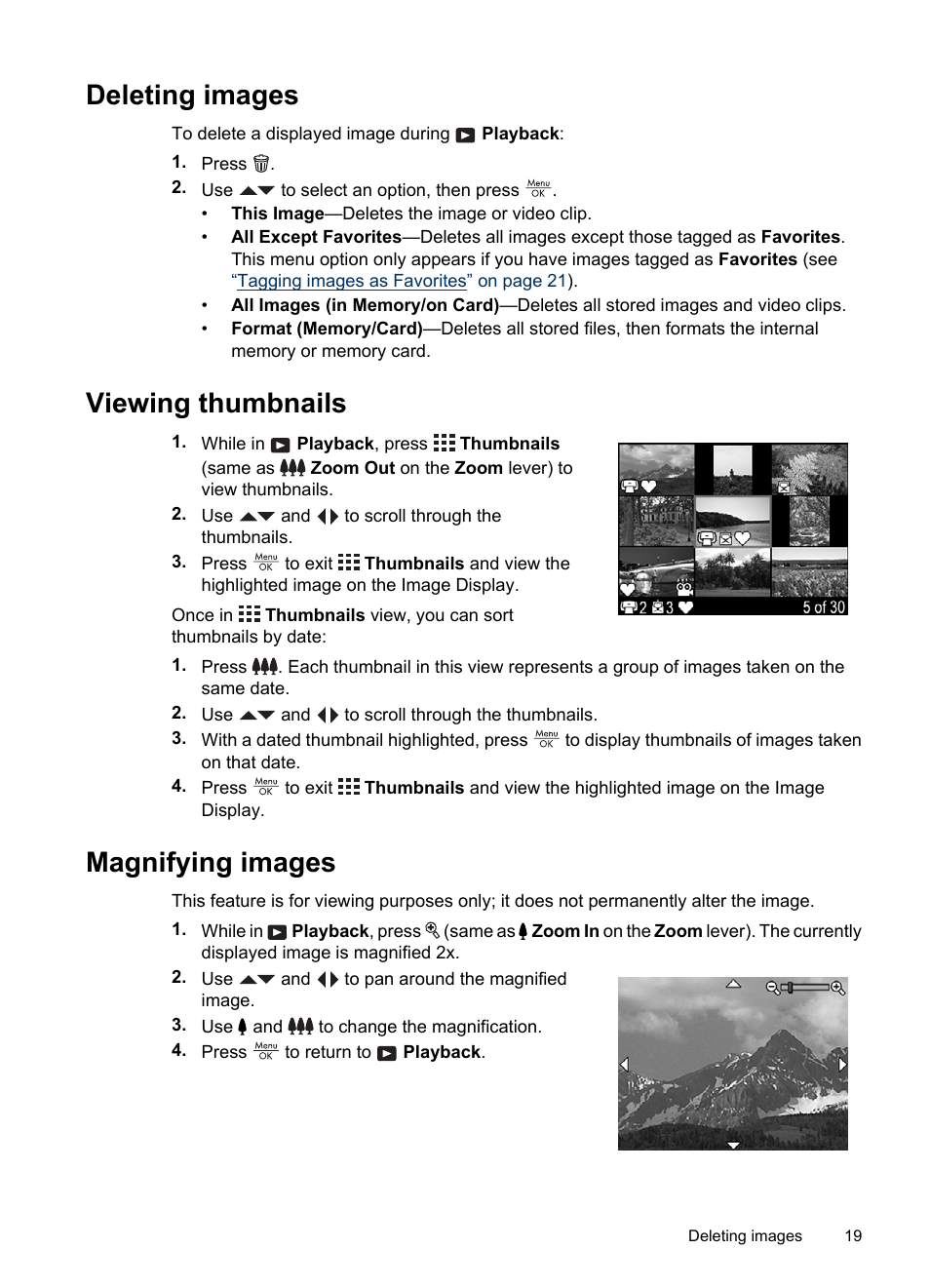 Deleting images, Viewing thumbnails, Magnifying images | HP Photosmart M730 Series User Manual | Page 21 / 50