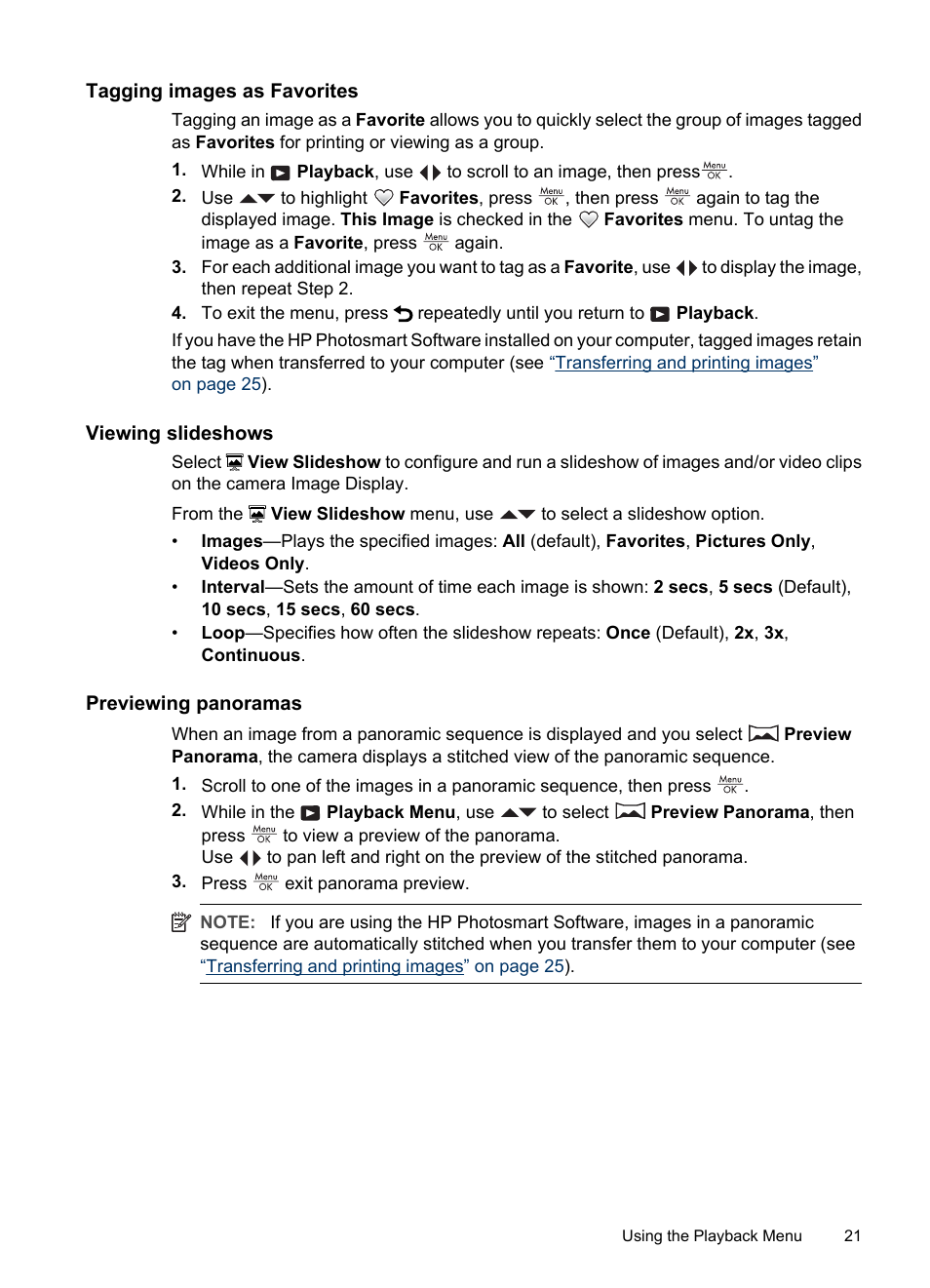 Tagging images as favorites, Viewing slideshows, Previewing panoramas | Previewing, Tagging images as | HP Photosmart M730 Series User Manual | Page 23 / 50