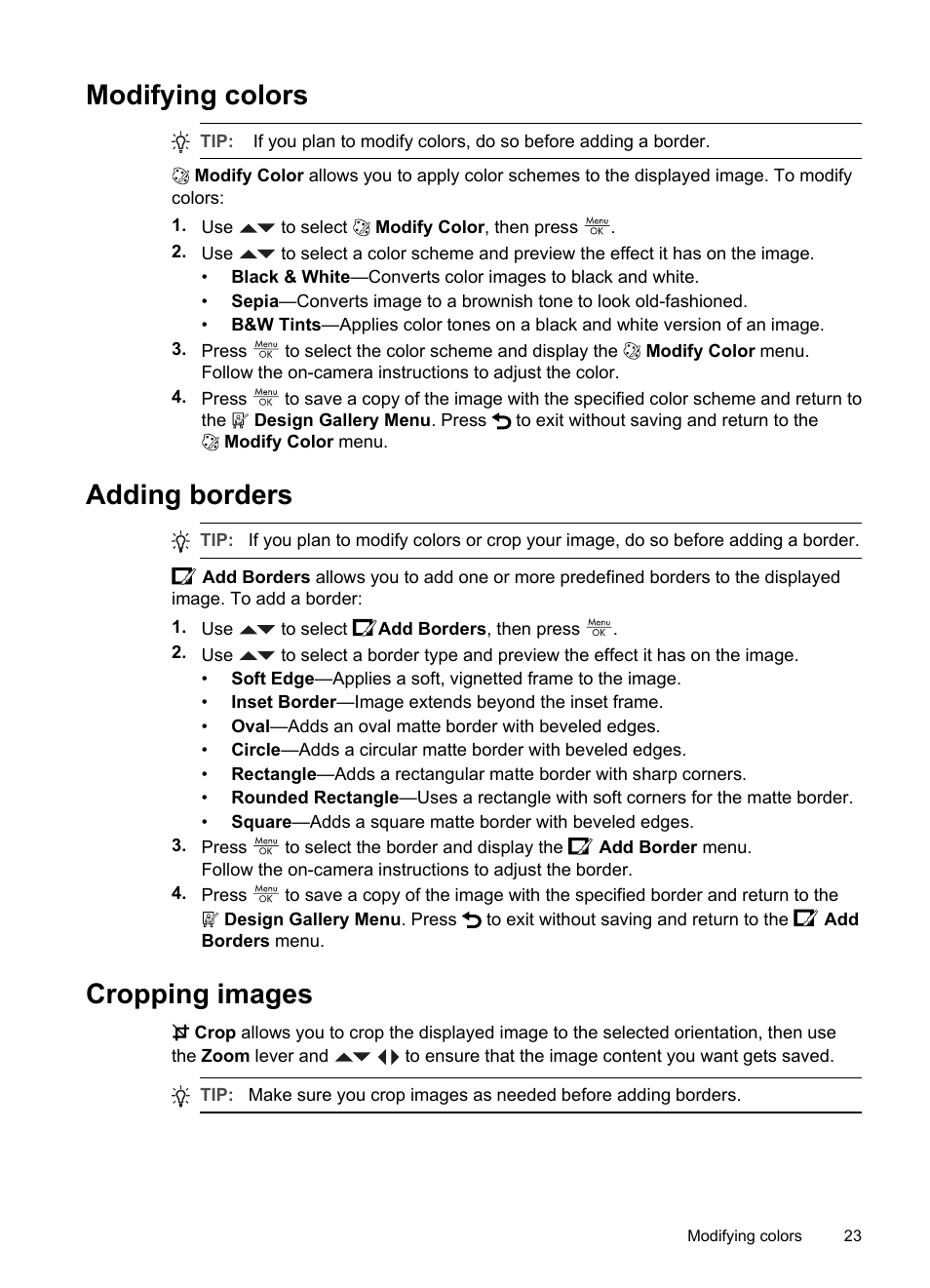Modifying colors, Adding borders, Cropping images | Modifying colors adding borders cropping images, Cropping | HP Photosmart M730 Series User Manual | Page 25 / 50