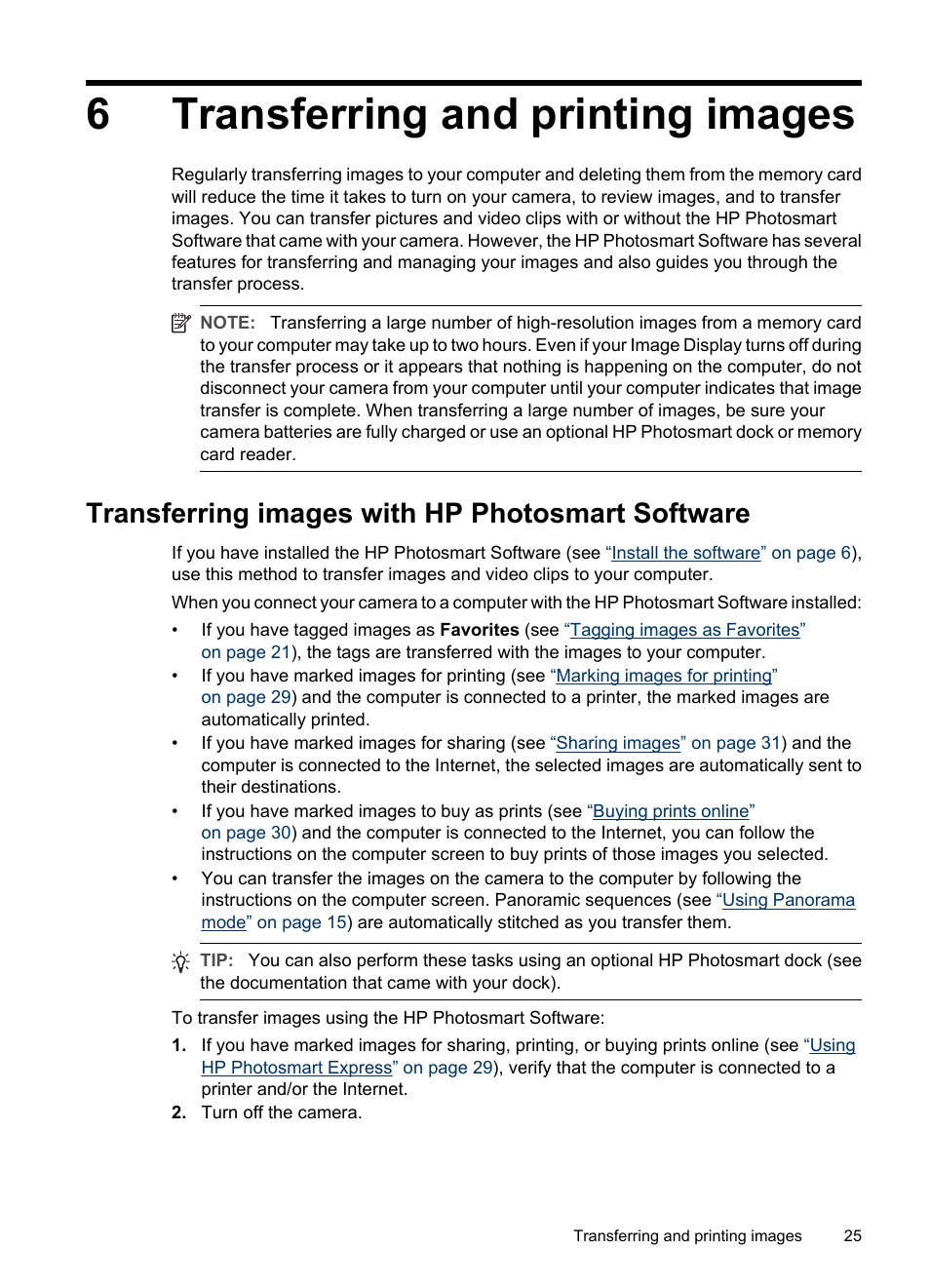 Transferring and printing images, Transferring images with hp photosmart software, 6 transferring and printing images | Transferring images with hp photosmart, 6transferring and printing images | HP Photosmart M730 Series User Manual | Page 27 / 50