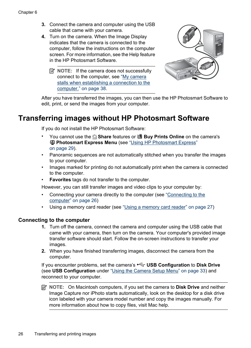 Transferring images without hp photosmart software, Connecting to the computer | HP Photosmart M730 Series User Manual | Page 28 / 50