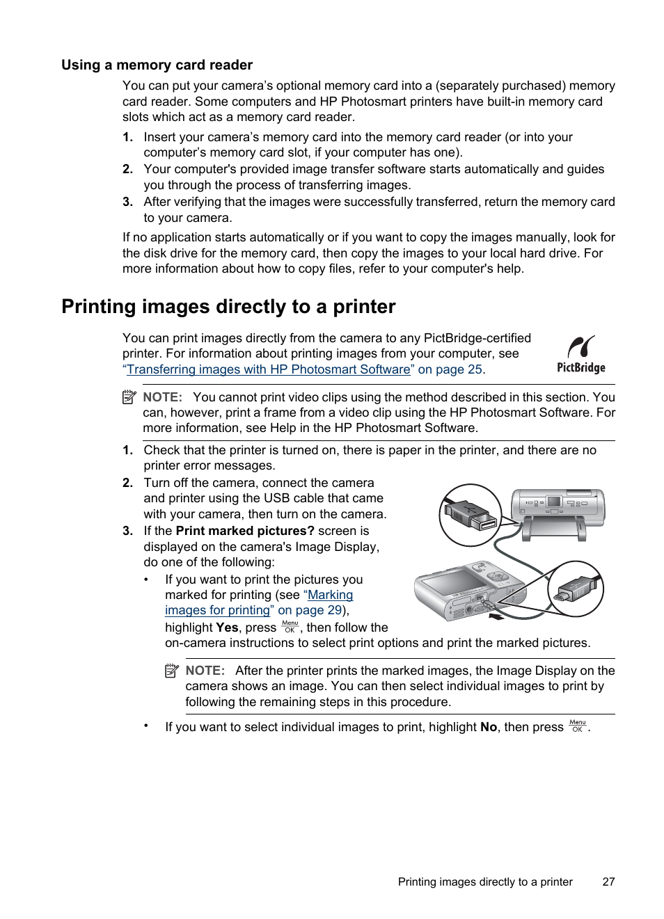 Using a memory card reader, Printing images directly to a printer | HP Photosmart M730 Series User Manual | Page 29 / 50
