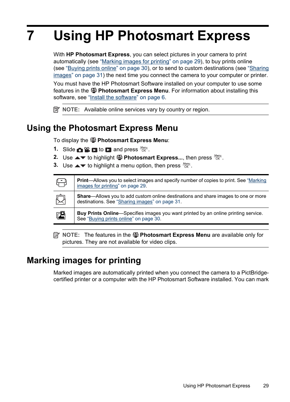 Using hp photosmart express, Using the photosmart express menu, Marking images for printing | 7 using hp photosmart express, Using, Verif, Marking, 7using hp photosmart express | HP Photosmart M730 Series User Manual | Page 31 / 50