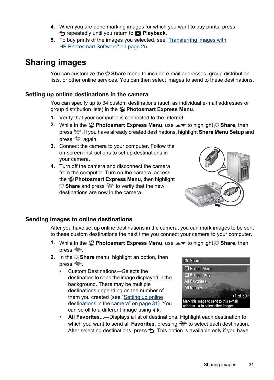 Sharing images, Setting up online destinations in the camera, Sending images to online destinations | Sharing | HP Photosmart M730 Series User Manual | Page 33 / 50