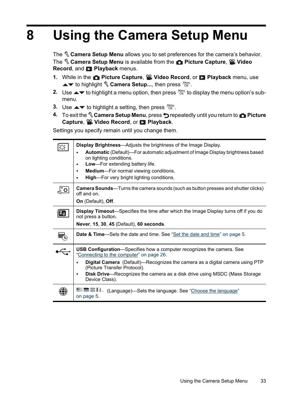 Using the camera setup menu, 8 using the camera setup menu, 8using the camera setup menu | HP Photosmart M730 Series User Manual | Page 35 / 50