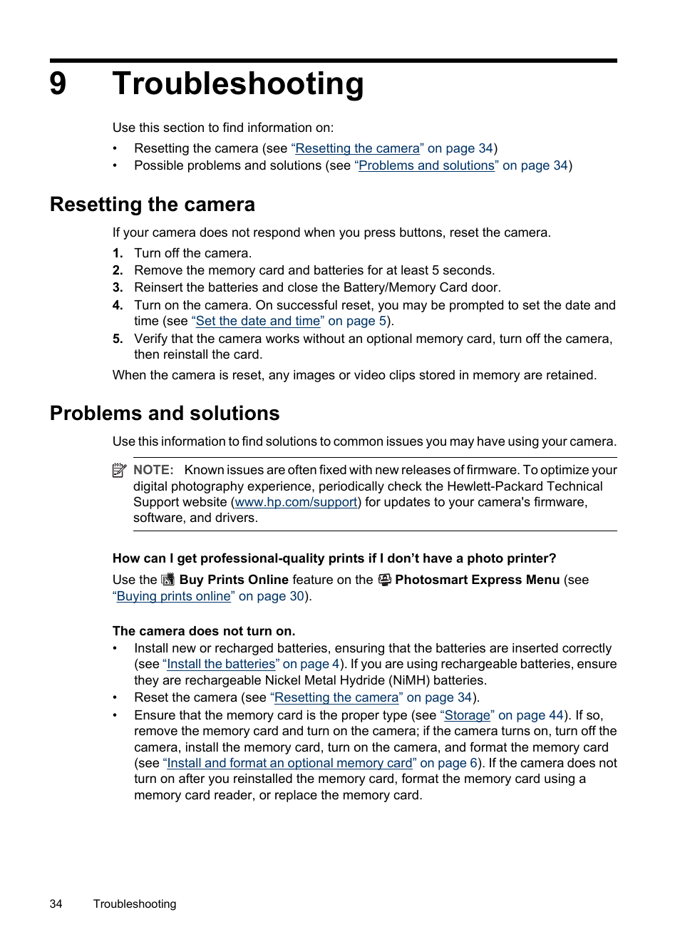 Troubleshooting, Resetting the camera, Problems and solutions | 9 troubleshooting, Resetting the camera problems and solutions, 9troubleshooting | HP Photosmart M730 Series User Manual | Page 36 / 50